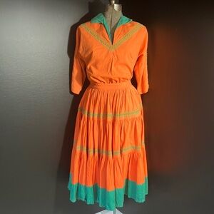 Vintage 1950s Orange & Green Southwestern Style Patio Dress / Blouse & Skirt